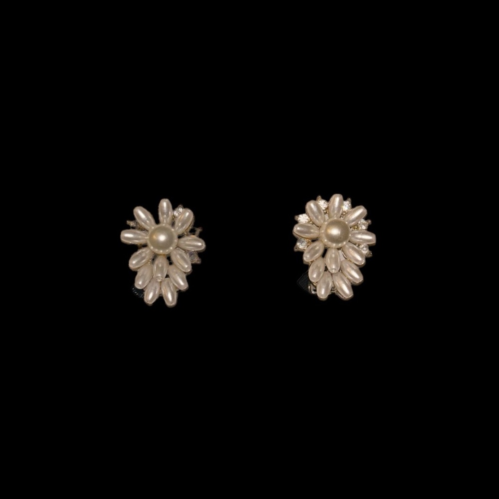 Faux Pearl and Diamond Flower Clip-On Earrings by Crystal Accents